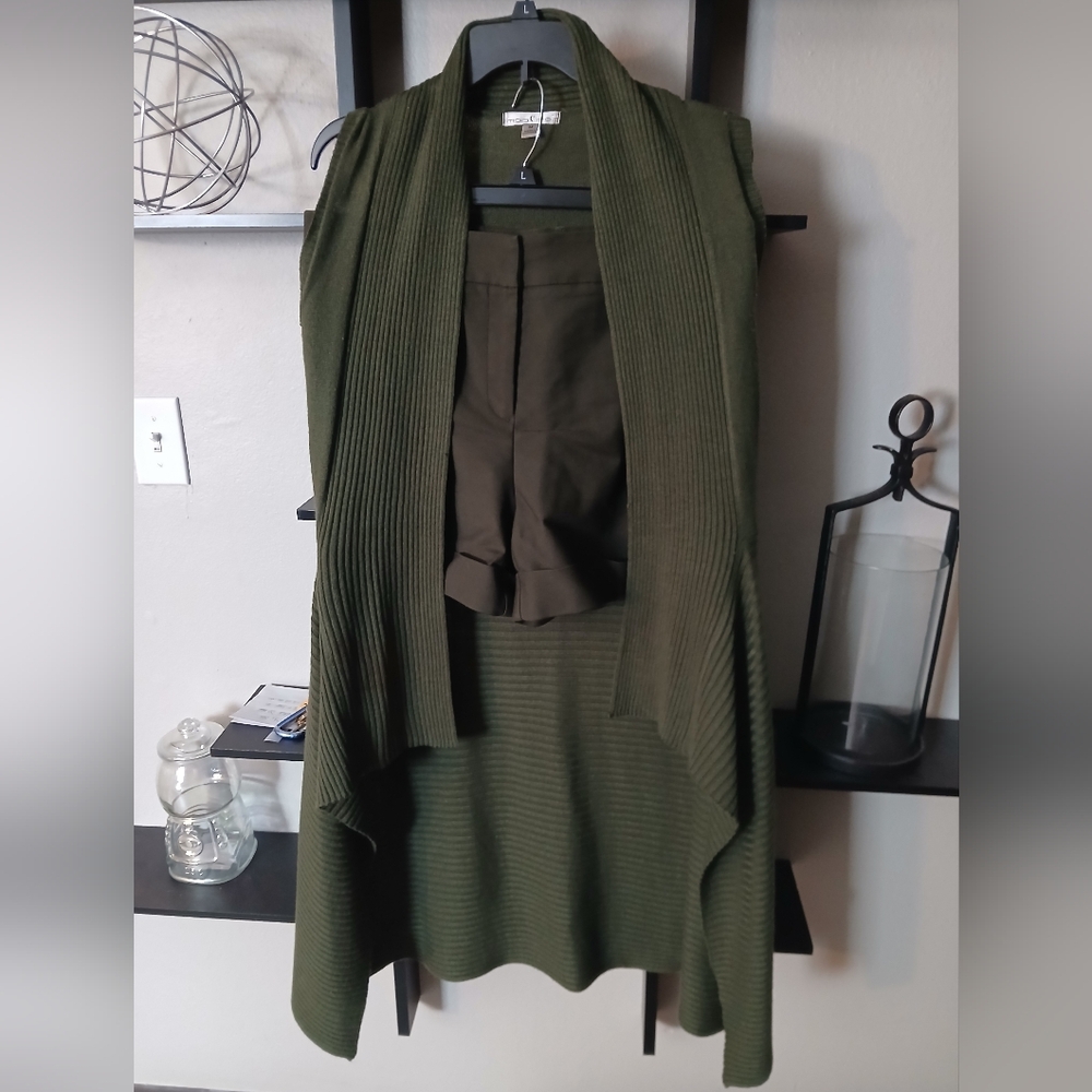 Olive Green Sleeveless Cardigan (M) and Shorts (14) Set.